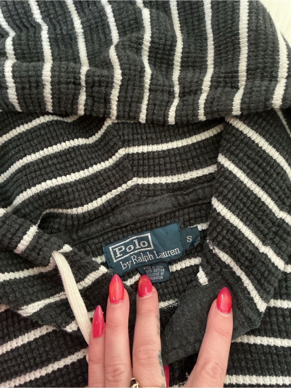 Polo Ralph Lauren Grey and White Striped Textured Cotton  Hooded Pullover Small - Picture 6 of 6